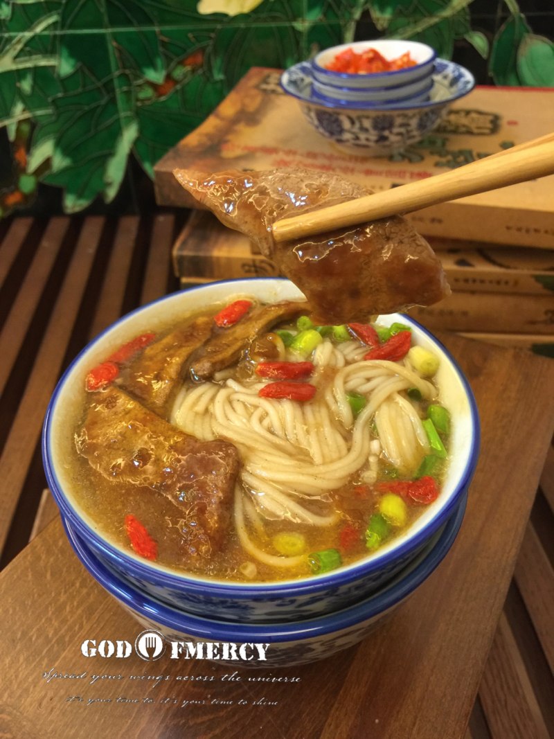 A bowl of Pig Liver and Goji Berry Noodles, a dish that nourishes blood and promotes blood circulation in women