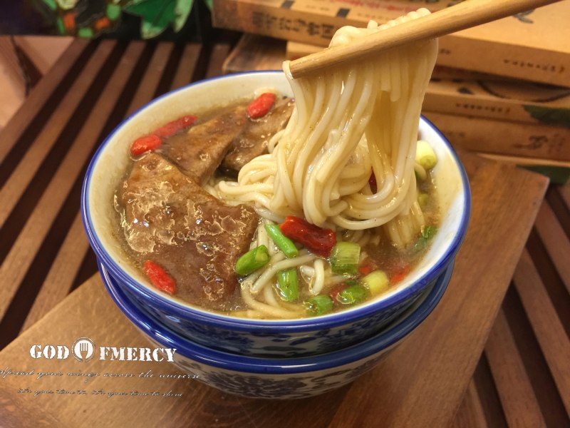 A bowl of Pig Liver and Goji Berry Noodles, a dish that nourishes blood and promotes blood circulation in women