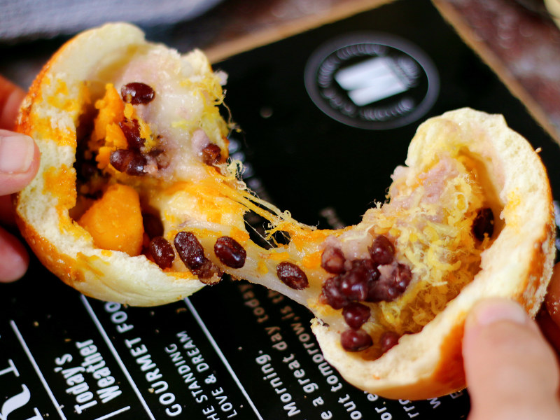 Egg Yolk, Pork Floss, Mashed Taro, and Red Bean Bun