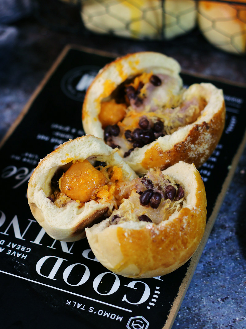 Egg Yolk, Pork Floss, Mashed Taro, and Red Bean Bun