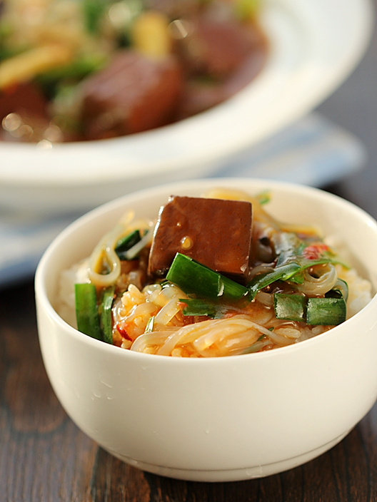 Leek, Duck Blood and Konjac Noodles