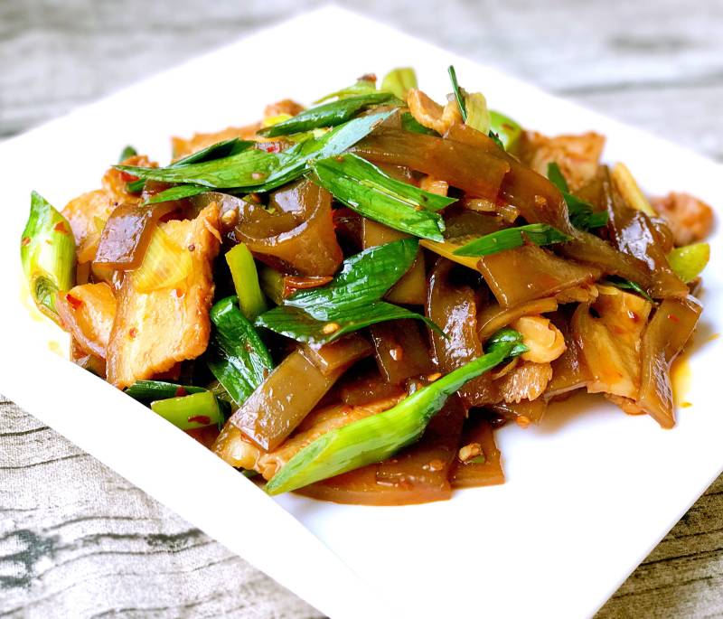 Stir-Fried Sweet Potato Skin with Pork Belly