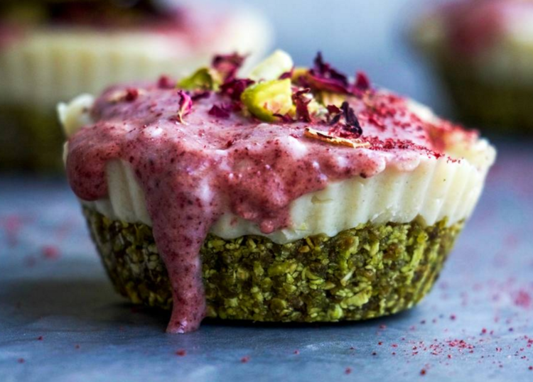 Berry Powder and Matcha Mini Vanilla Cheesecakes